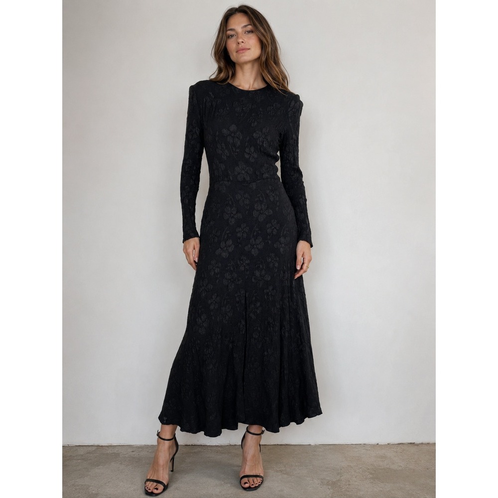 Vintage 70s Mr Boots Maxi Dress Womens XS Black Floral Matelasse Goth Witchy